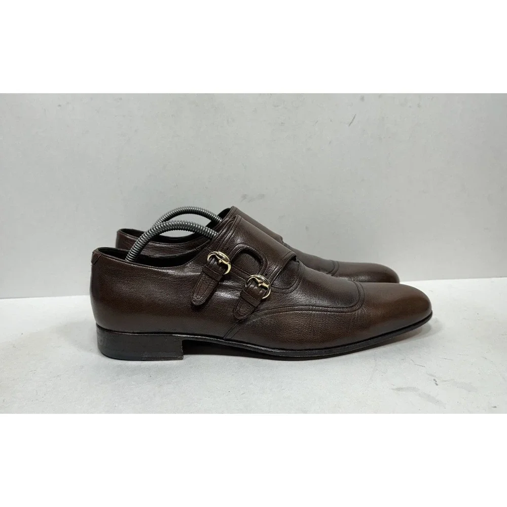 Gucci Brown Leather Double‎ Monk Strap Buckle Dress Shoes Men's Size 9 US / 8 UK
